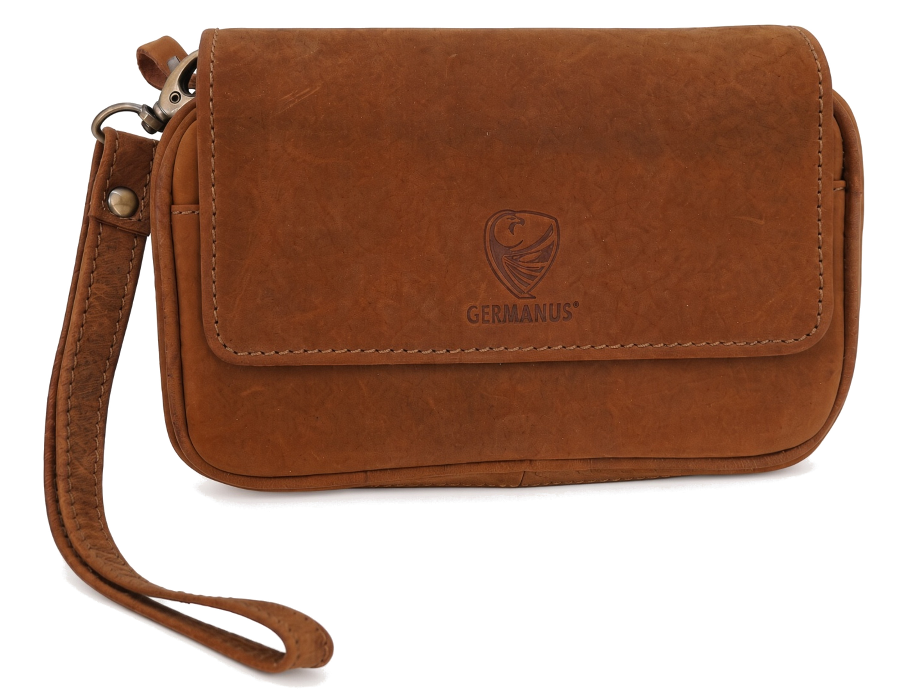 GERMANUS Genuine Leather Pipe Bag Case Horstchen for 3 Smoking Pipes, 20 x 12 x 6 cm, Removable Tobacco Pouch, Zipper Compartment