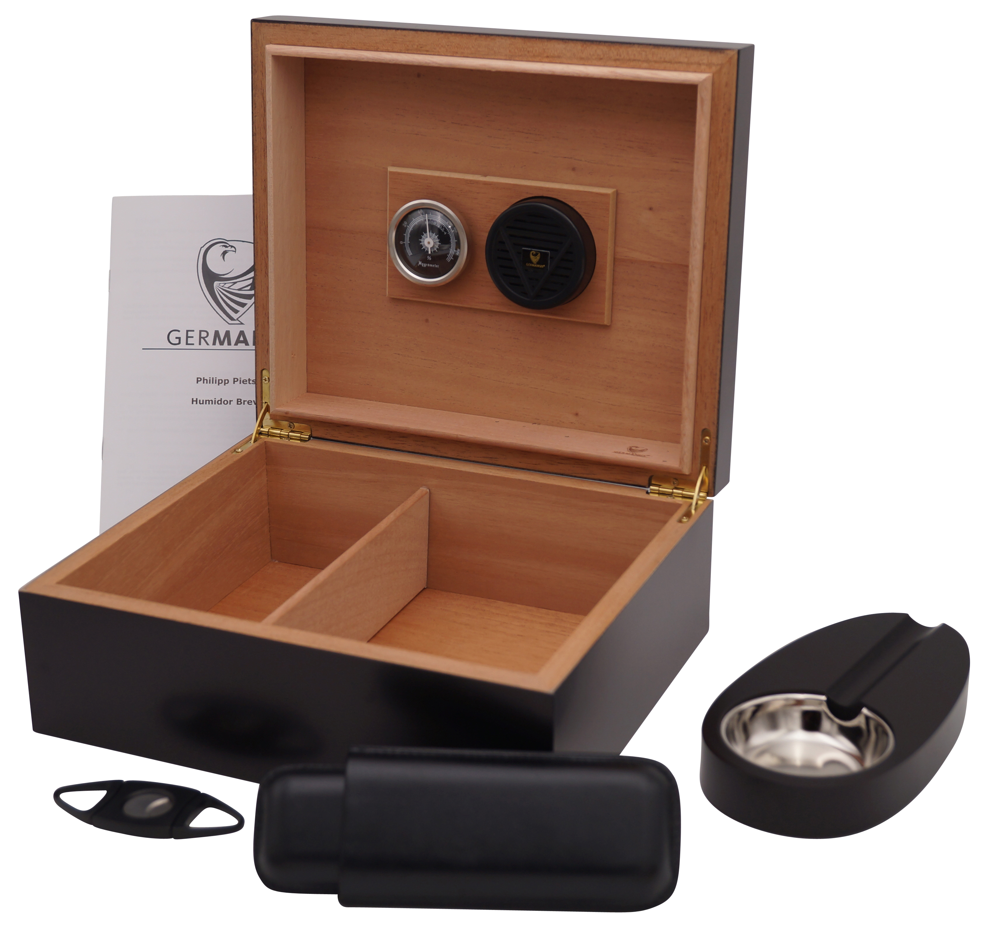 GERMANUS Zigarren Humidor Set mit Zubehör in schwarz für ca. 50 Zigarren