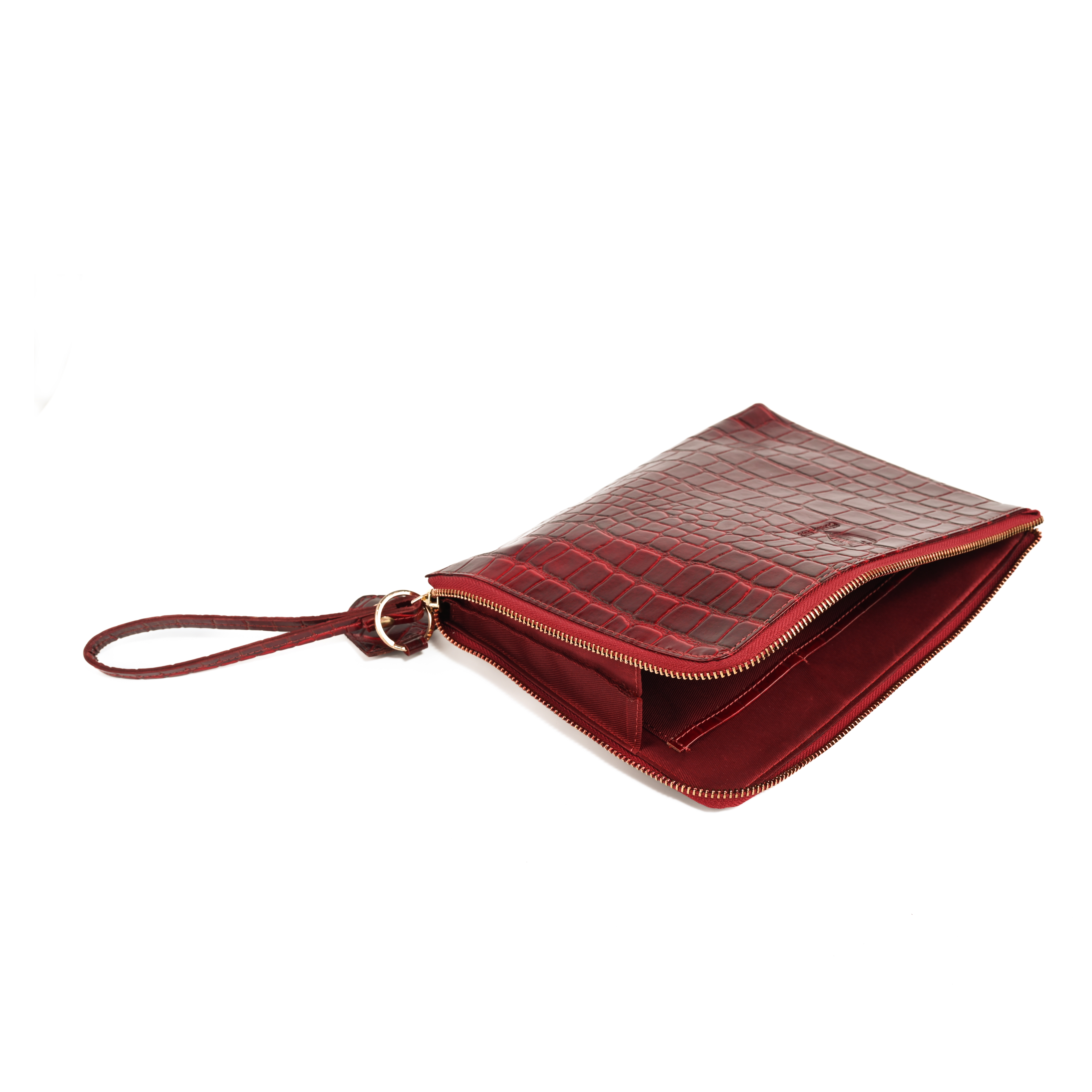 GERMANUS Clutch und Schlüsselanhänger Set Ella, Wristlet, Handgelenktasche, Leder Croco Rot