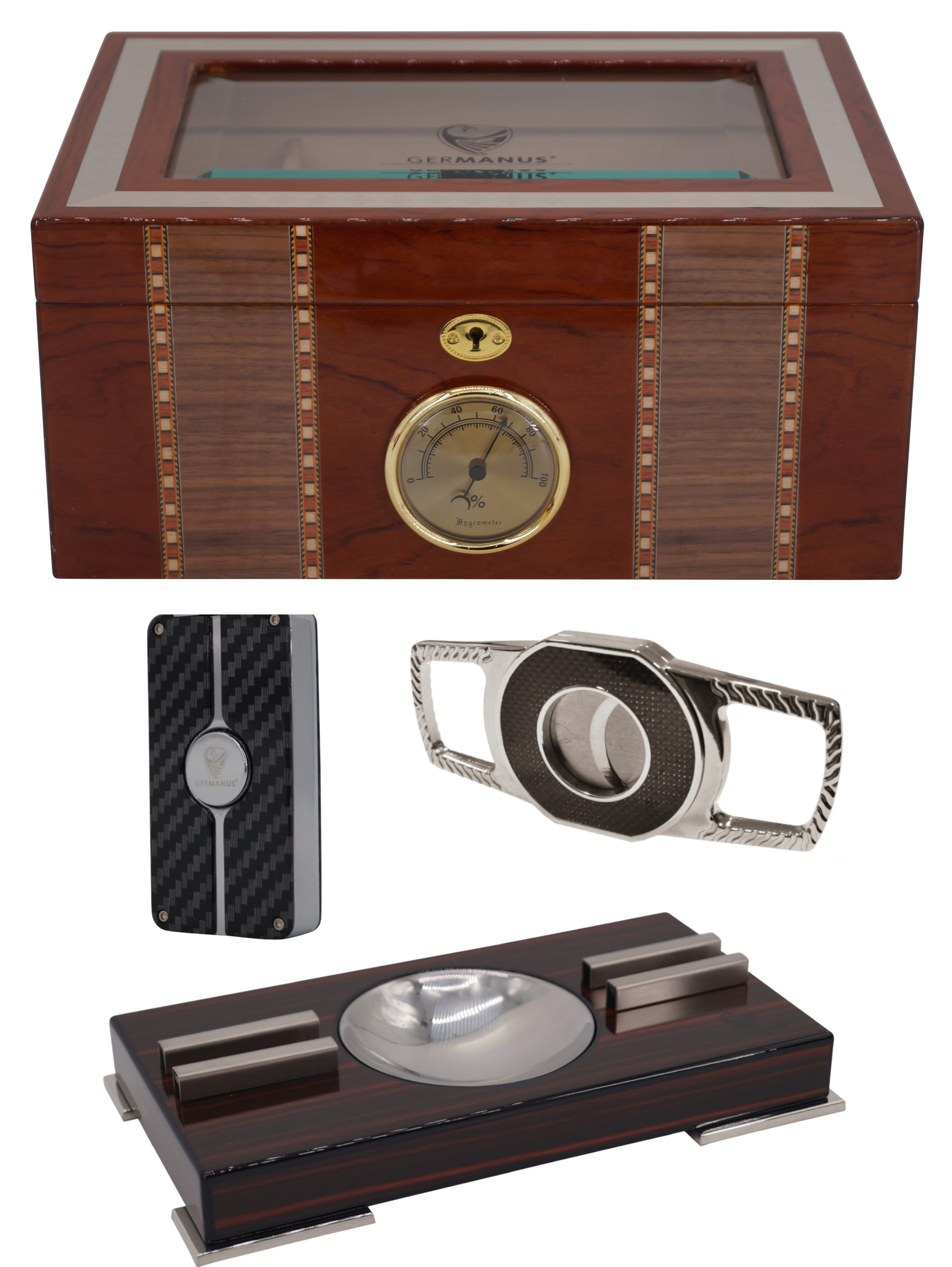 GERMANUS Luxury Humidor Set with ashtray, cigar cutter, and jet flame lighter