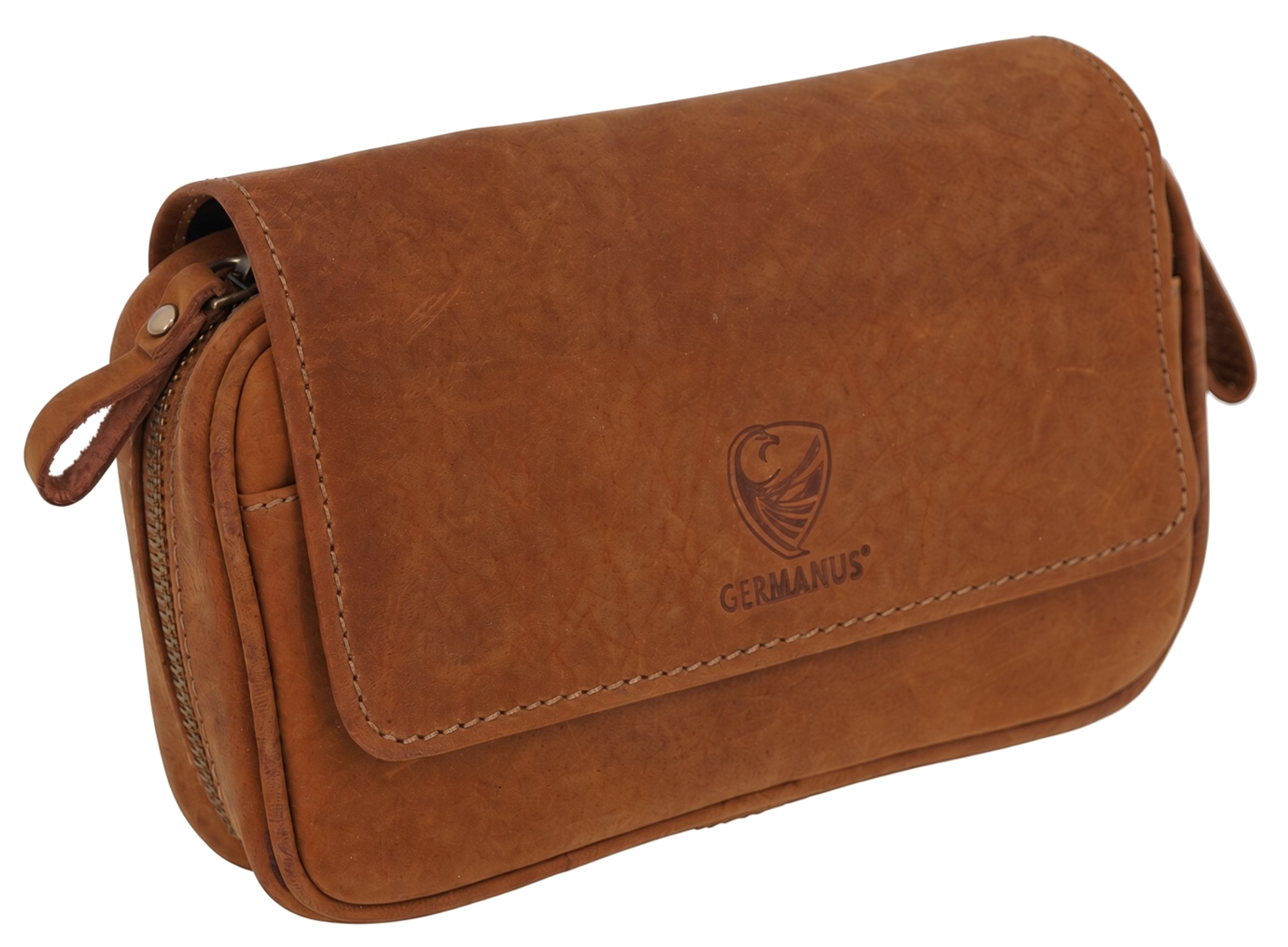 GERMANUS Genuine Leather Pipe Bag Case Horstchen for 3 Smoking Pipes, 20 x 12 x 6 cm, Removable Tobacco Pouch, Zipper Compartment
