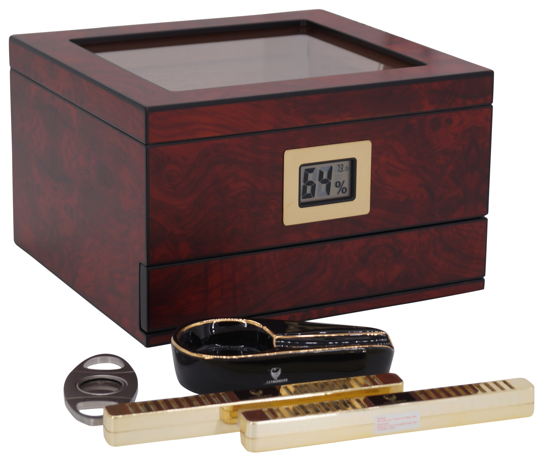 GERMANUS Zigarren Humidor Set mit Ascher und Cutter in braun für ca. 75 Zigarren